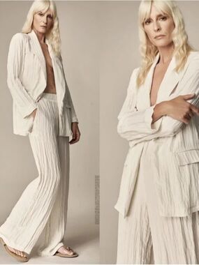 Zara Ivory Solid Shawl Lapel Long Sleeve 2-Piece Pant Suit Set Size L